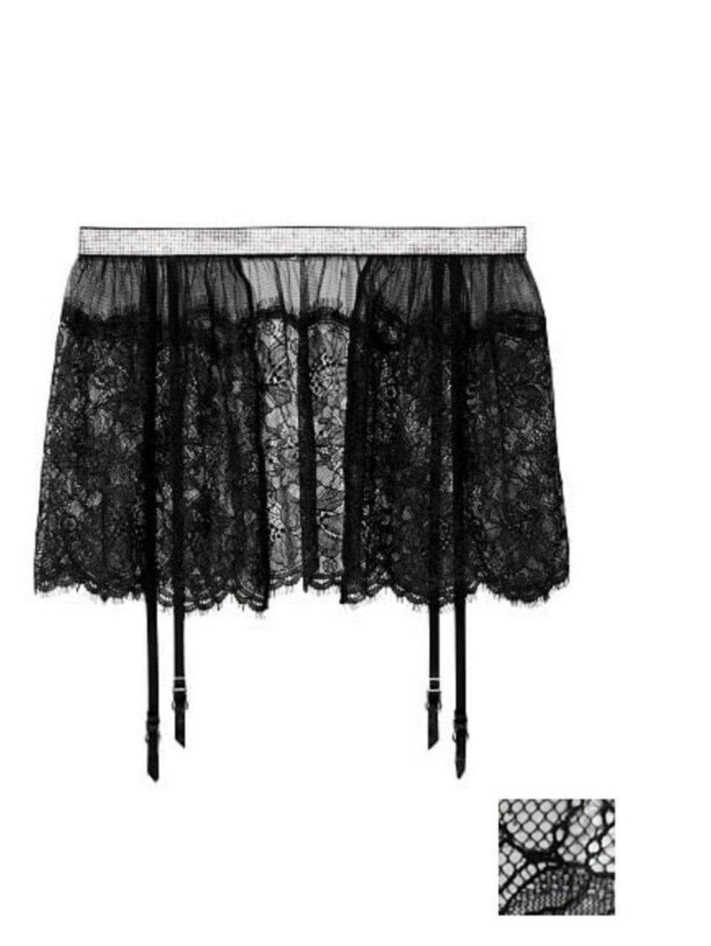 VICTORIA'S SECRET VERY SEXY BLACK LACE SHINE STRAP RHINESTONE GARTER SKIRT M/L